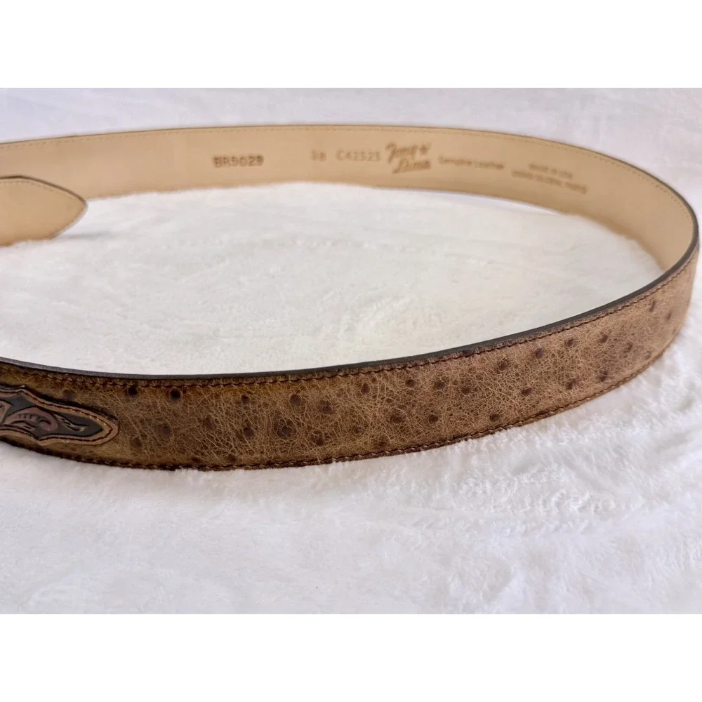 Tony Lama C42525 Men's Rustic Ostrich Print Floral Tooled Leather Belt Size 38